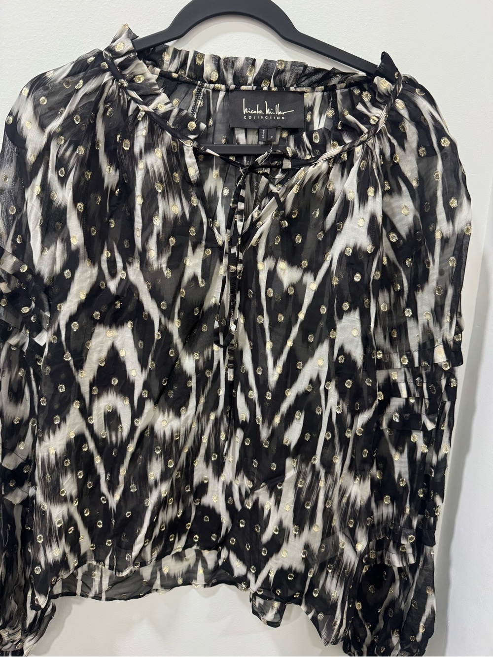 Nicole Miller Black & White Tie-Front Blouse with Gold Dot Accents